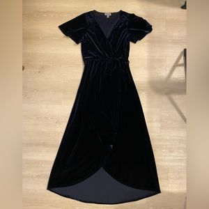 Chelsea28 faux velvet wrap navy blue midi dress